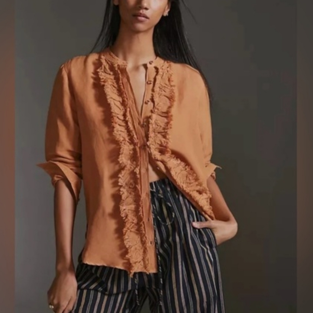 Anthropologie NEW Pilcro Brown Ruffled Placket Linen Blend Shirt SZ Small Boho